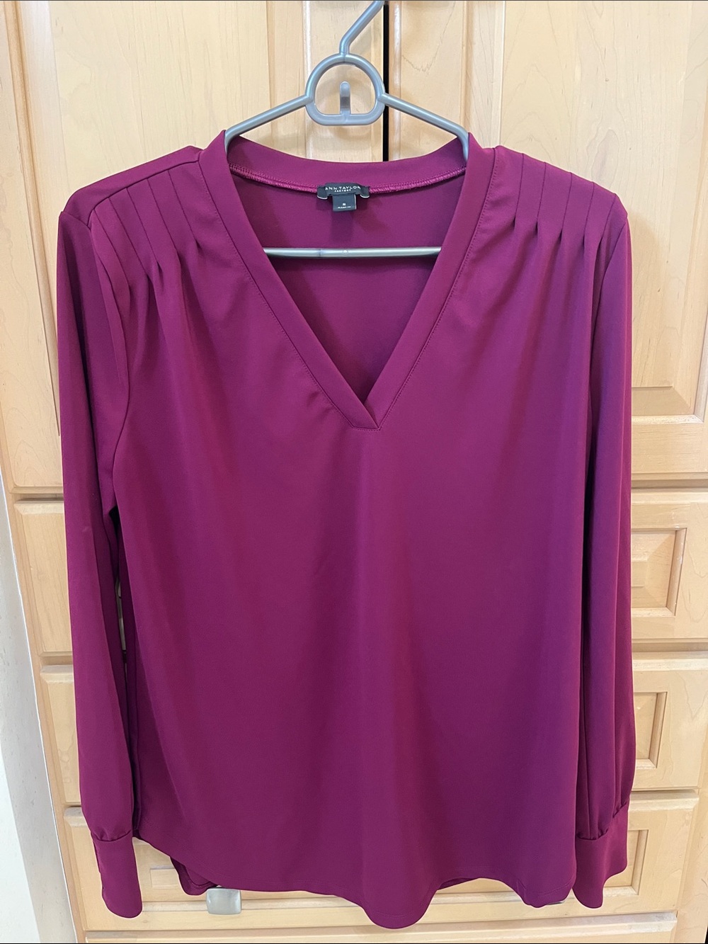 Ann Taylor Factory Deep Berry V-Neck Pleated Shoulder Blouse